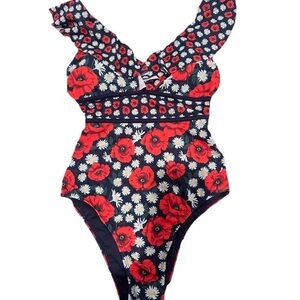 Juicy Couture Women's One Piece Swimsuit deep V-neck Red Poppies Size S NWT